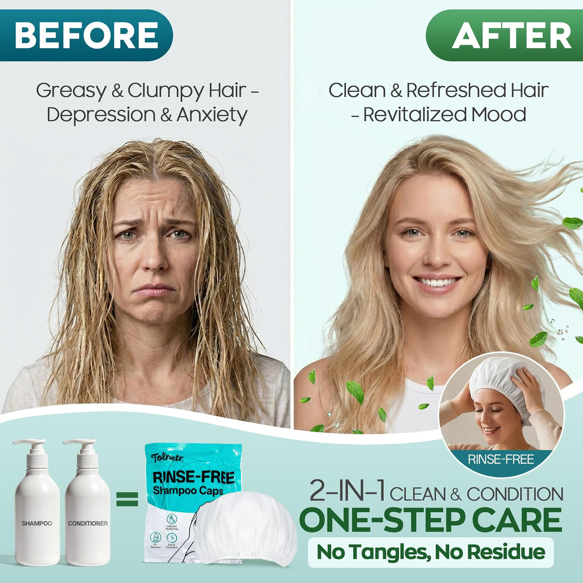Tolnetr cap being used bedside to refresh hair without a shower
