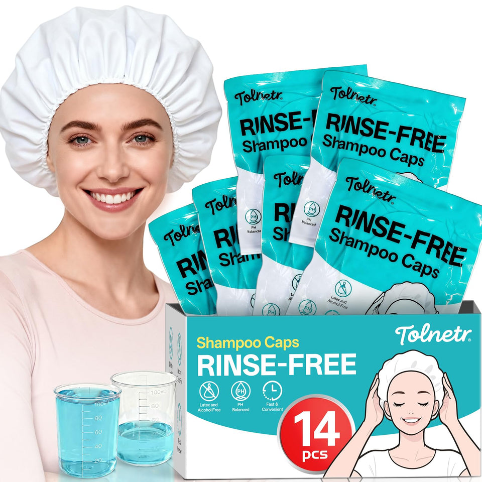 Tolnetr front packaging showing 14 no-rinse shampoo caps and benefits