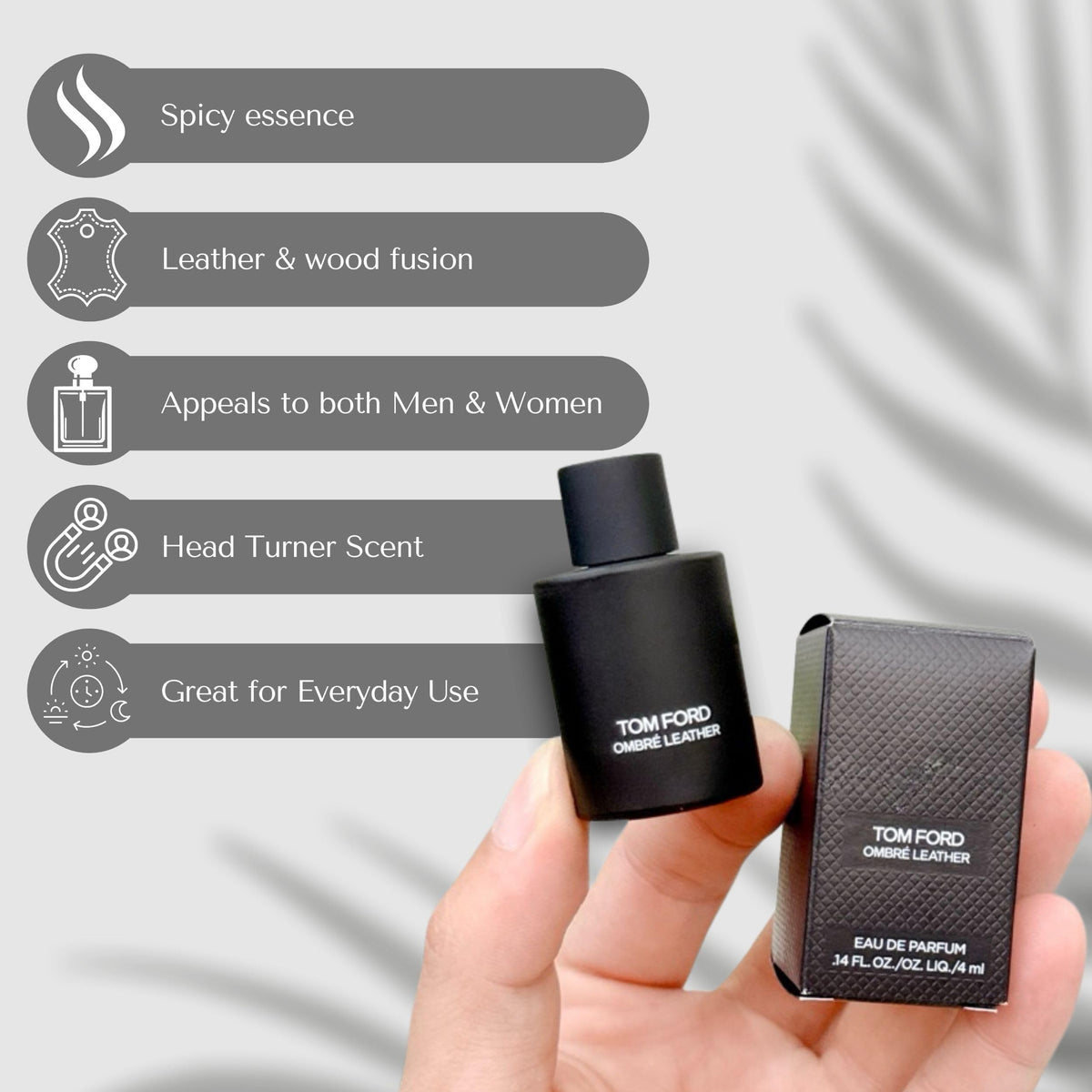 Tom Ford Ombre Leather splash bottle in hand demonstrating easy application for evenings