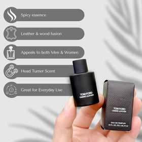Tom Ford Ombre Leather splash bottle in hand demonstrating easy application for evenings