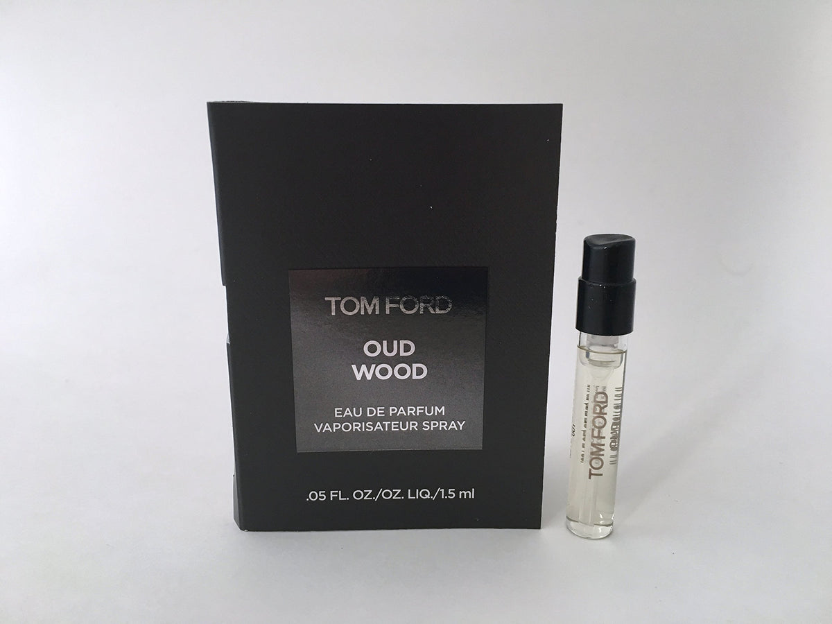 Tom Ford Oud Wood sample atomizer front view showing compact luxury and easy testing