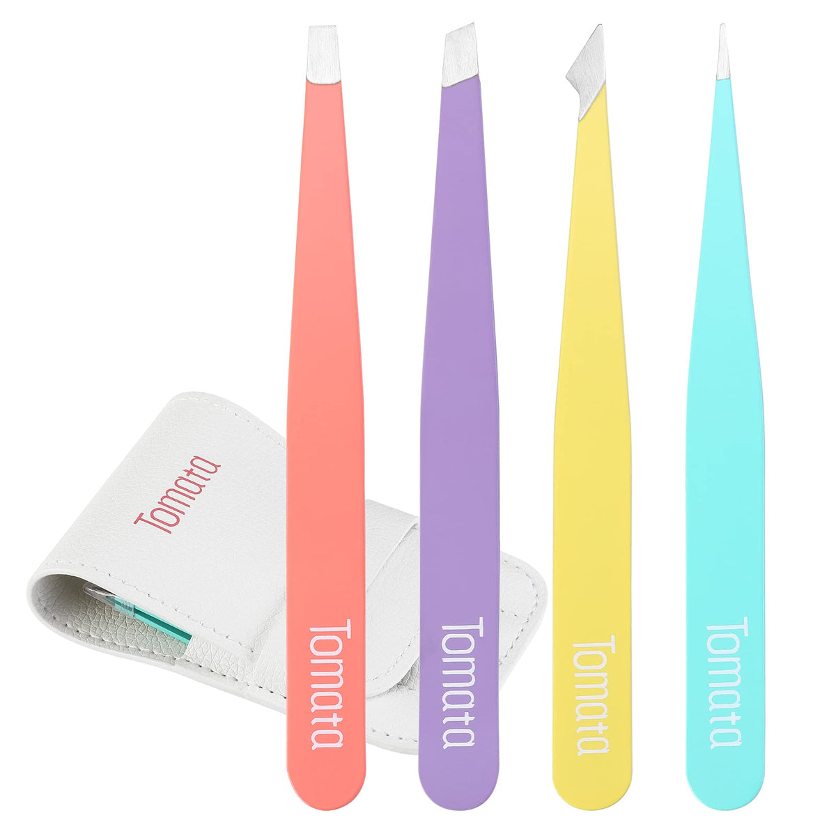 Tomata front packaging showing full 4-piece tweezer set and benefits