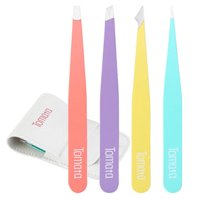 Tomata front packaging showing full 4-piece tweezer set and benefits
