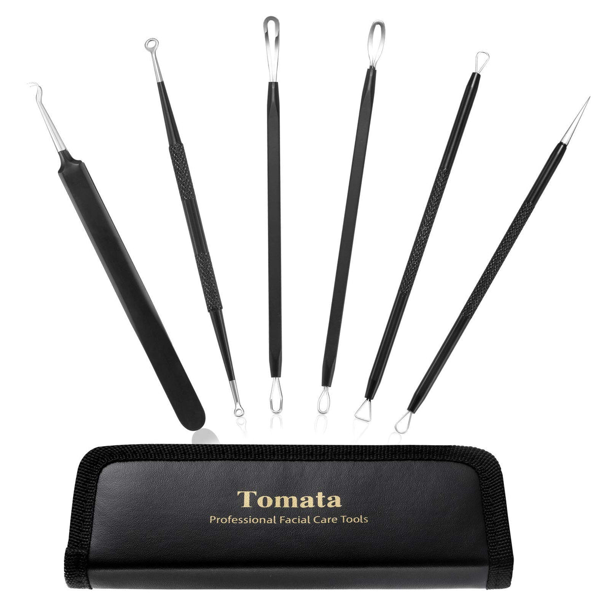 Tomata front view of 6-piece comedone extractor kit showing contents and case benefits