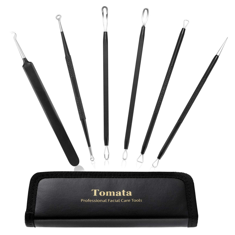 Tomata front view of 6-piece comedone extractor kit showing contents and case benefits