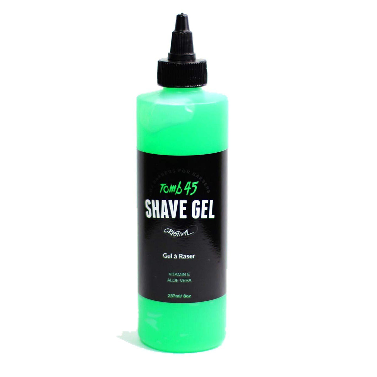 Tomb 45 front bottle showing clear gel and fresh scent for precision shaving