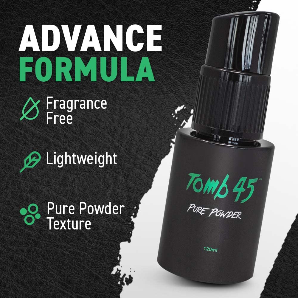 Tomb 45 bottle next to hand for size scale, travel-friendly 120 ml capacity