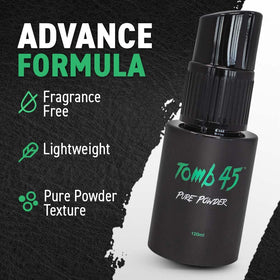 Tomb 45 bottle next to hand for size scale, travel-friendly 120 ml capacity