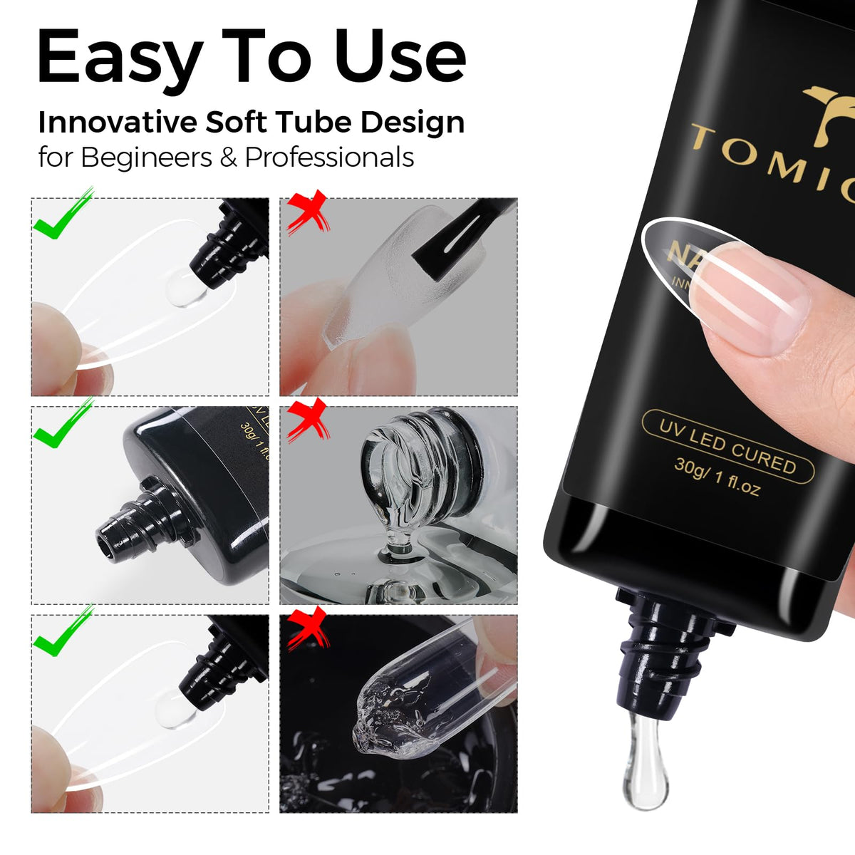 TOMICCA application with press-on nails demonstrating strong adhesion and easy positioning