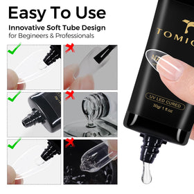 TOMICCA application with press-on nails demonstrating strong adhesion and easy positioning