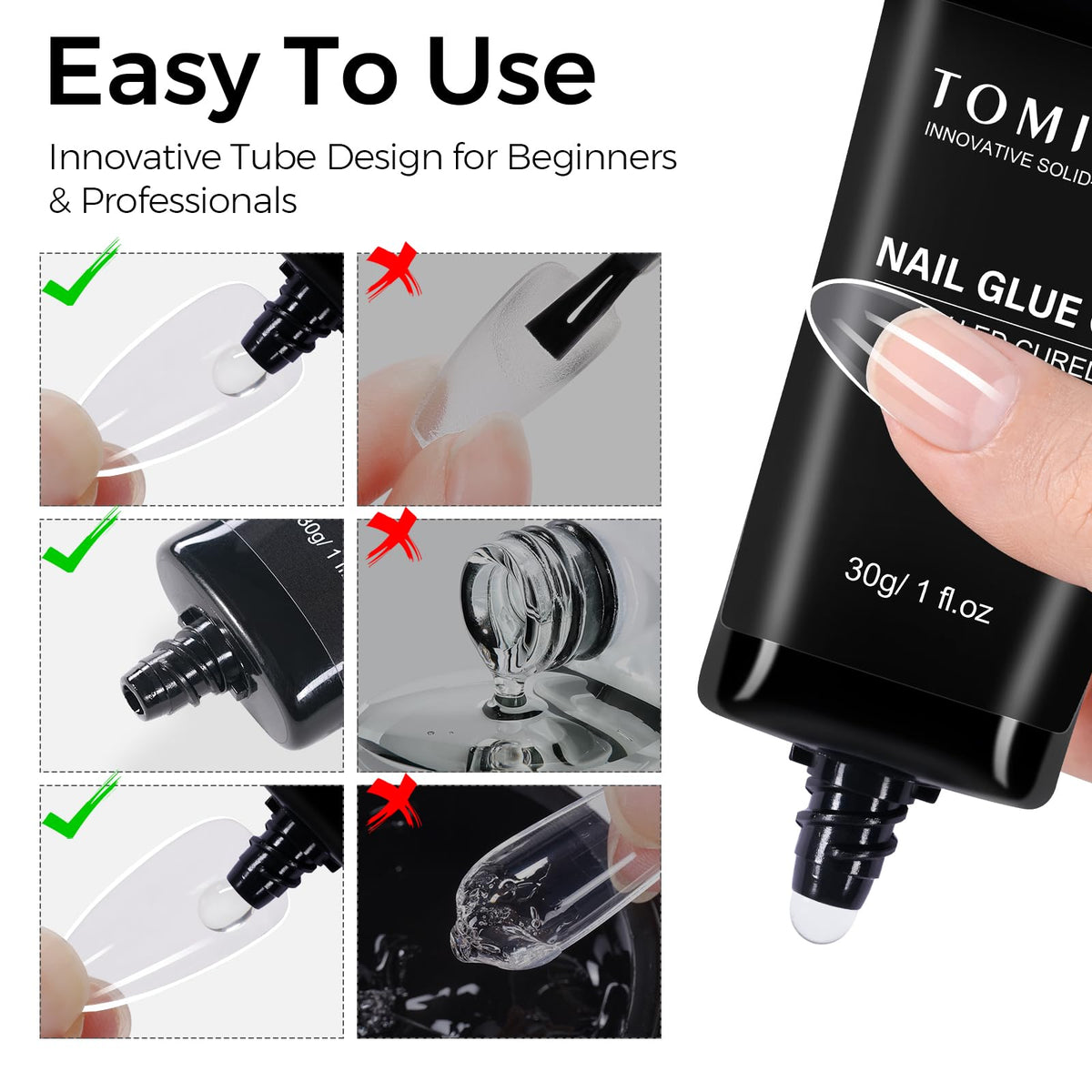 Cured press-on nail attached with TOMICCA showing clear finish and long wear benefit