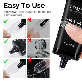 Cured press-on nail attached with TOMICCA showing clear finish and long wear benefit