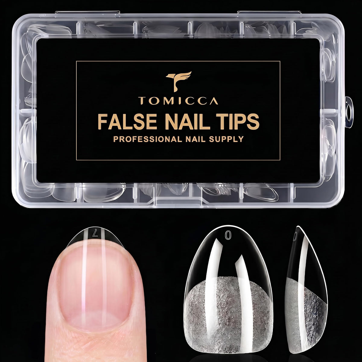TOMICCA front packaging showing 240-piece almond tips and kit convenience
