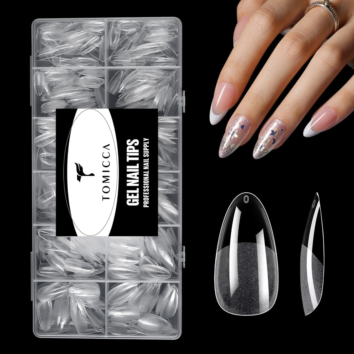 TOMICCA front packaging showing 240 clear gel almond tips for fast application