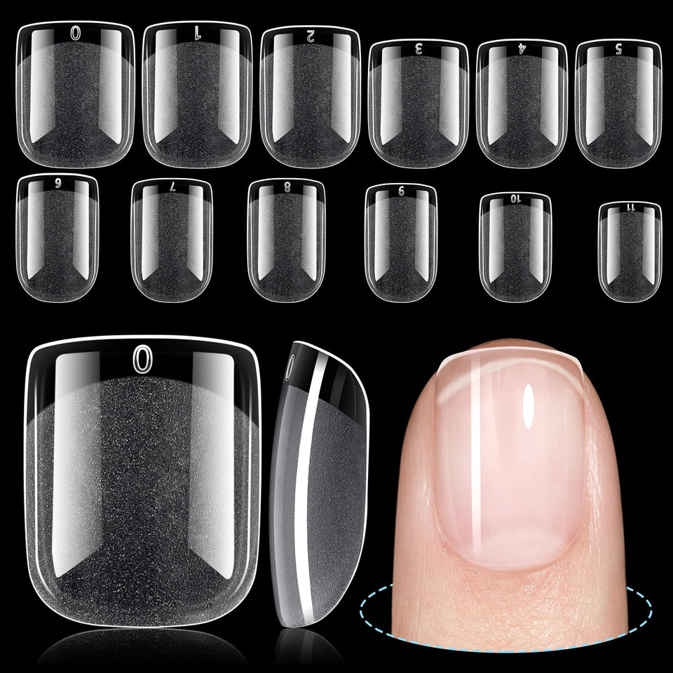 TOMICCA front packaging showing 192 clear short square nail tips with organized trays for fast use