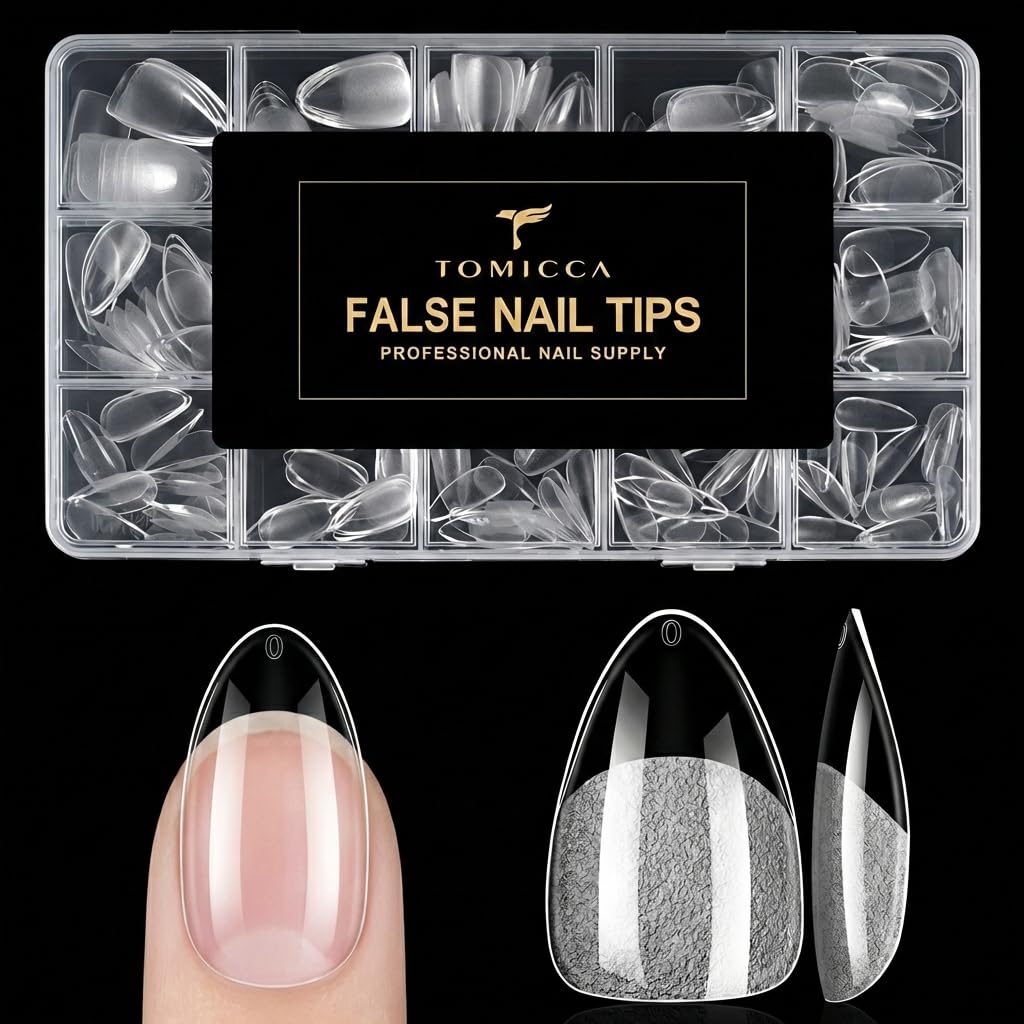 TOMICCA front packaging showing 240pcs short almond tips and sizes, quick selection benefit