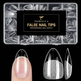 TOMICCA front packaging showing 240pcs short almond tips and sizes, quick selection benefit