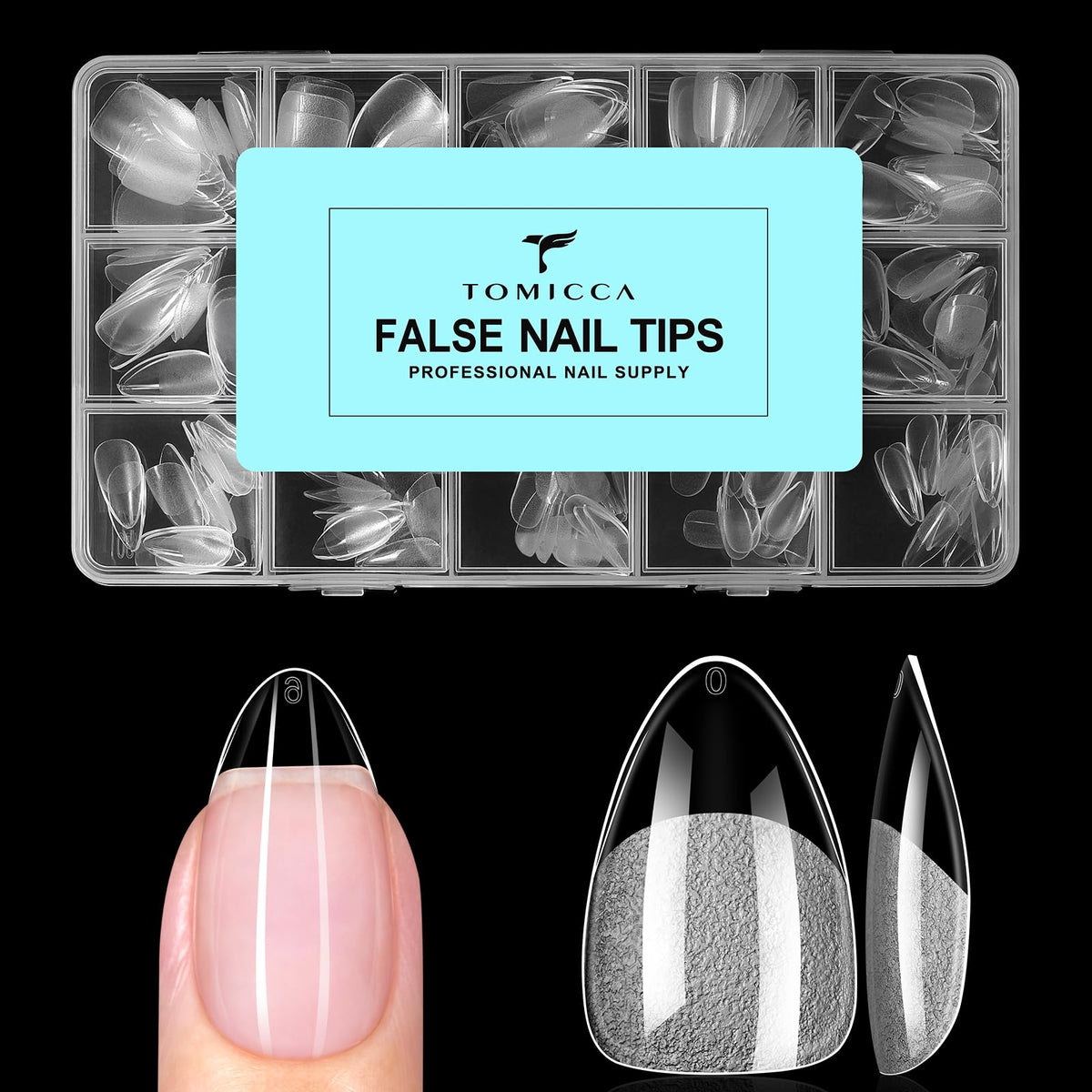 TOMICCA front packaging showing 240pcs short almond tips and clear benefits