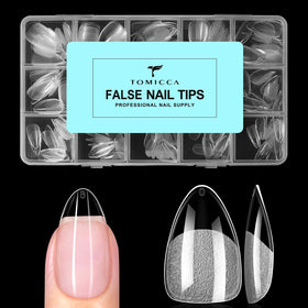 TOMICCA front packaging showing 240pcs short almond tips and clear benefits