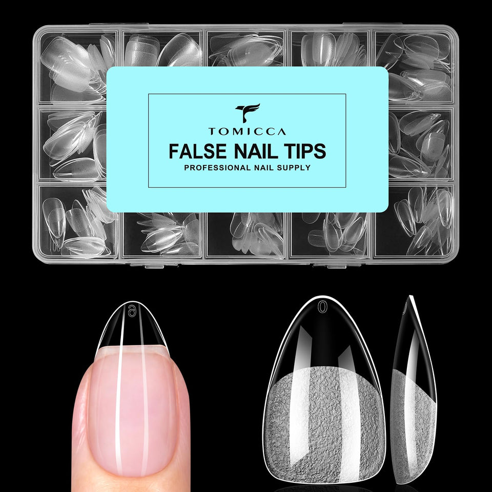 TOMICCA front packaging showing 240pcs short almond tips and clear benefits