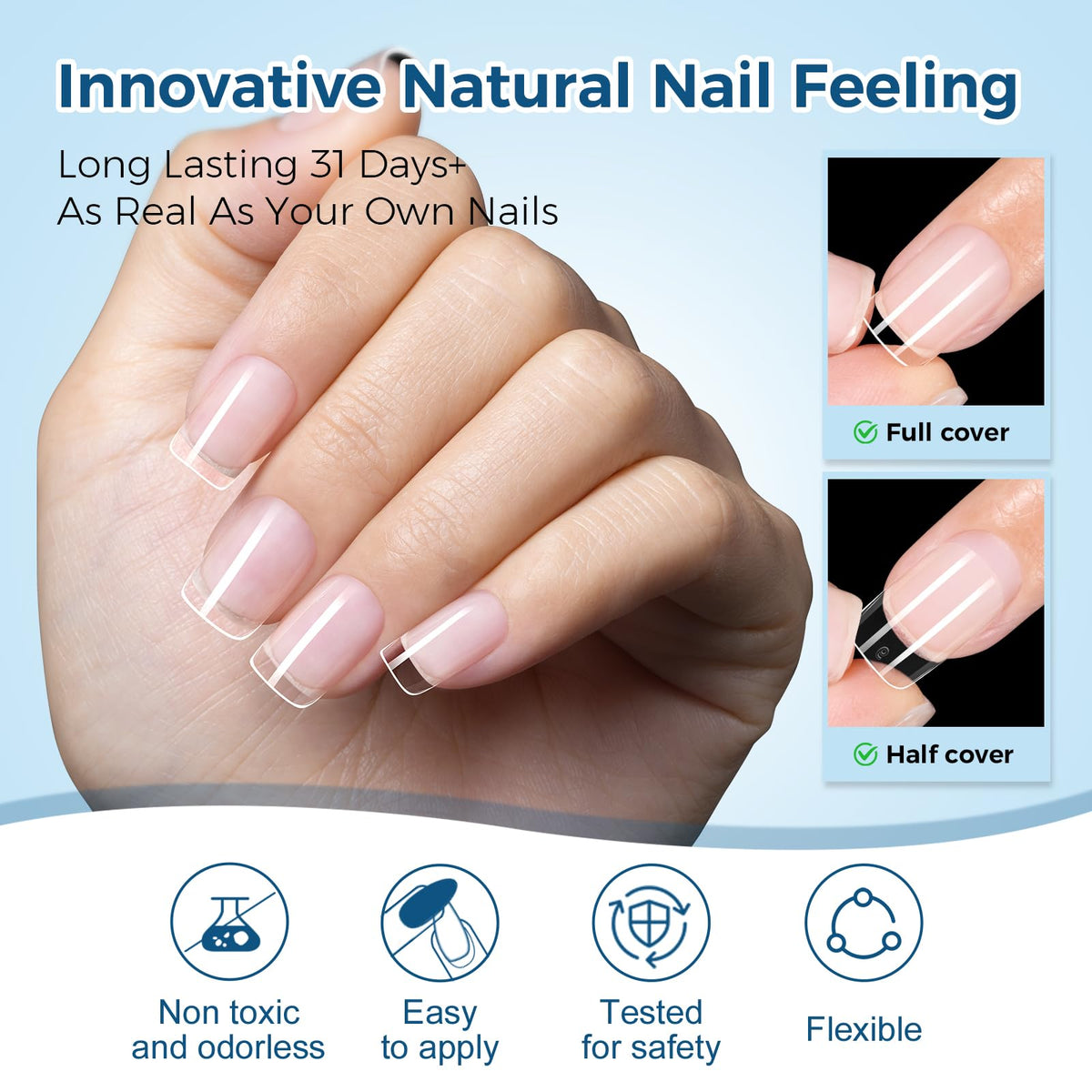 TOMICCA tip being pressed on a natural nail illustrating fast application