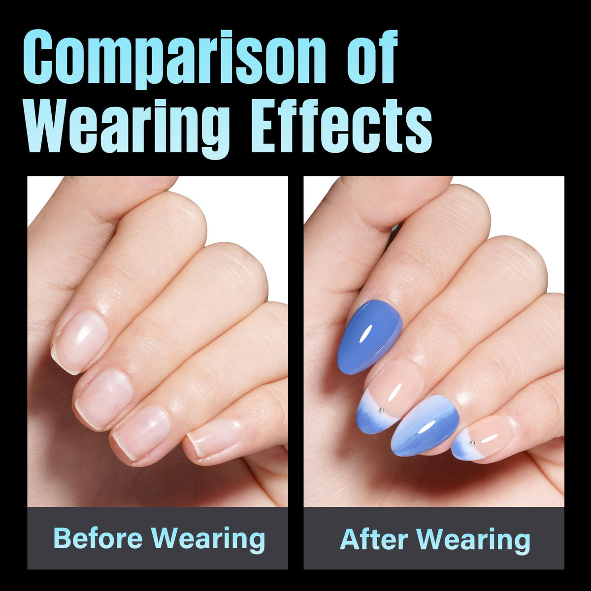 TOMICCA finished polished almond nails on hands showing salon-ready look