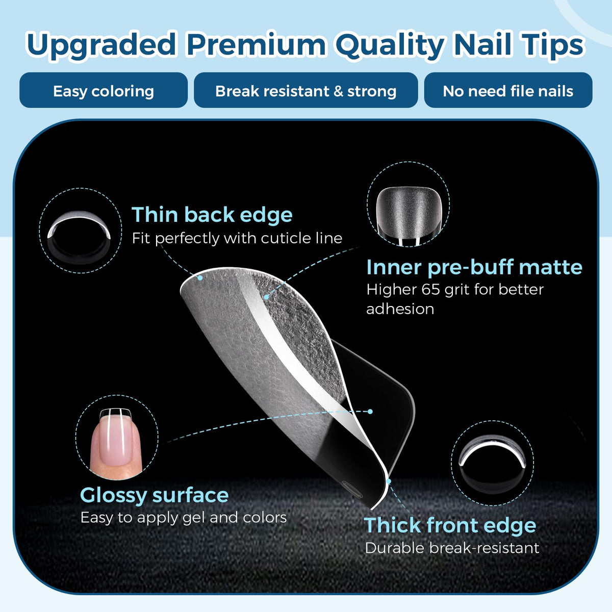 TOMICCA side view of pre-shaped extra short square tip highlighting natural fit