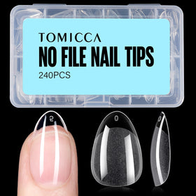 TOMICCA front packaging showing 240-piece short almond nails and organized box