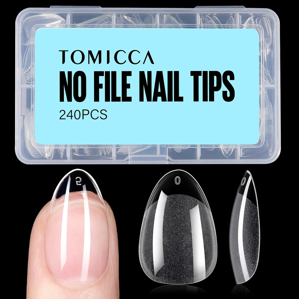 TOMICCA front packaging showing 240-piece short almond nails and organized box