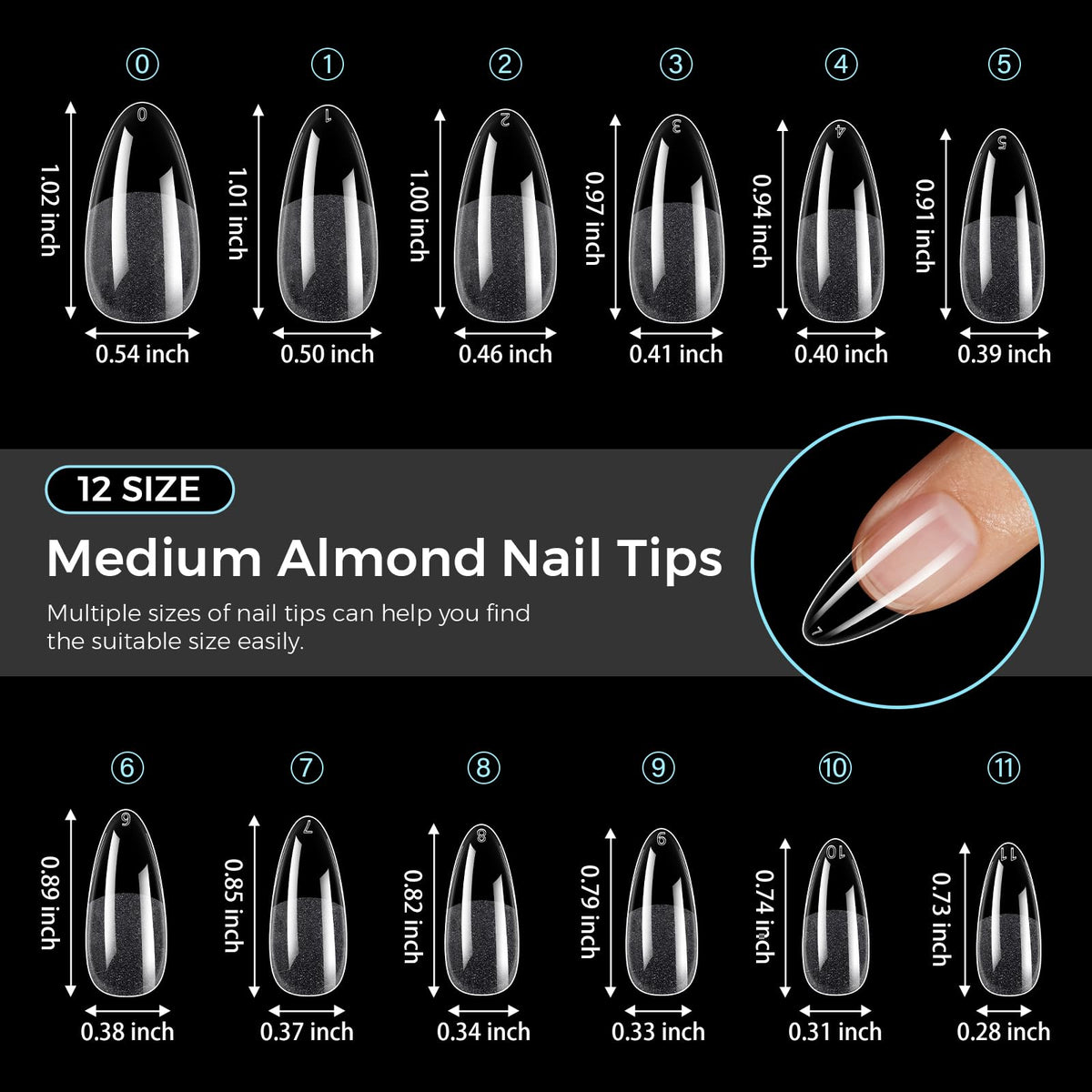 TOMICCA tips applied on natural nails demonstrating almond silhouette benefit