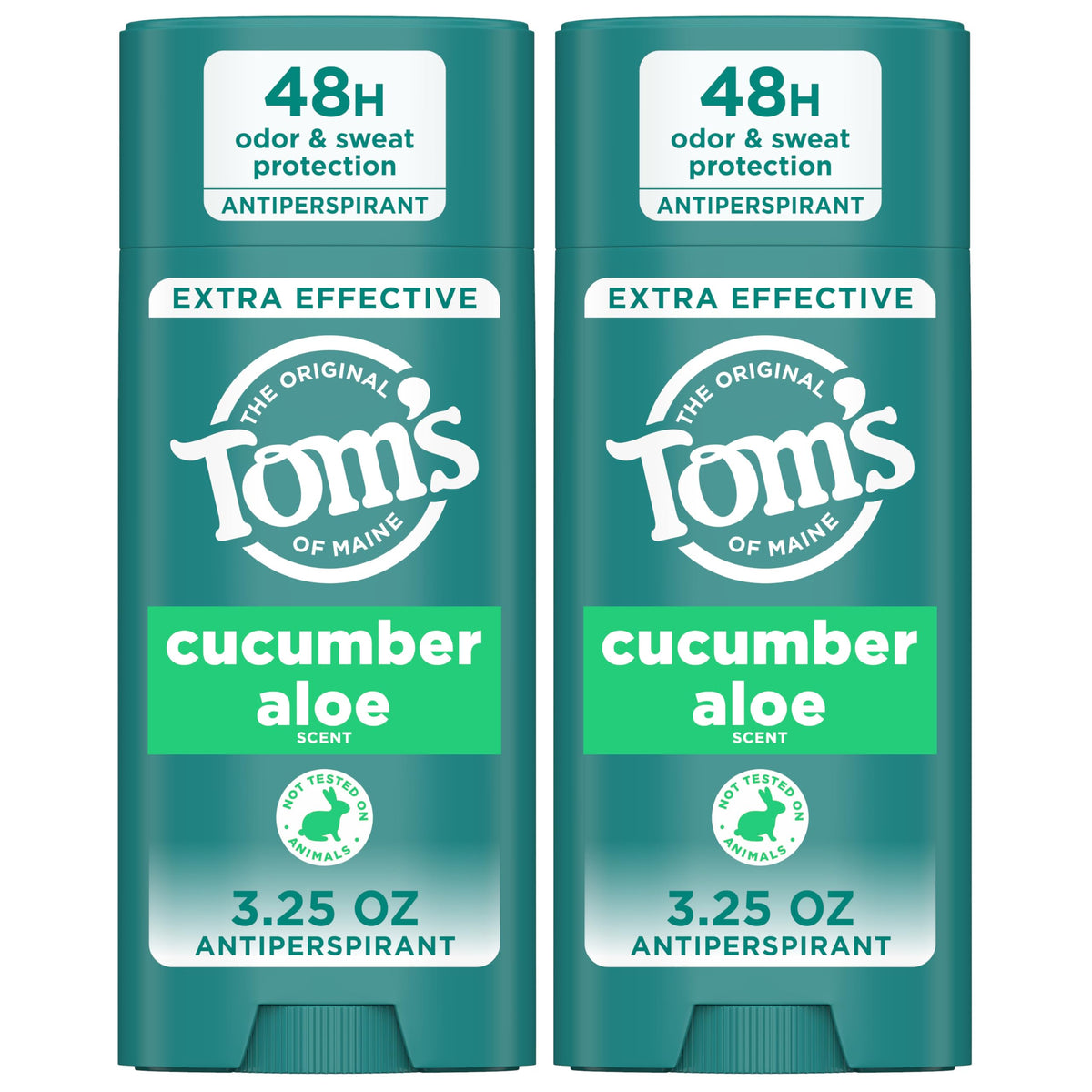 Tom's of Maine front packaging showing two cucumber aloe antiperspirant sticks and benefits