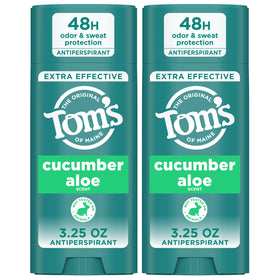 Tom's of Maine front packaging showing two cucumber aloe antiperspirant sticks and benefits