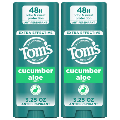 Tom's of Maine front packaging showing two cucumber aloe antiperspirant sticks and benefits
