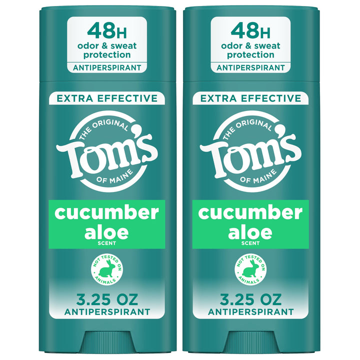 Tom's of Maine front packaging showing two cucumber aloe antiperspirant sticks and benefits