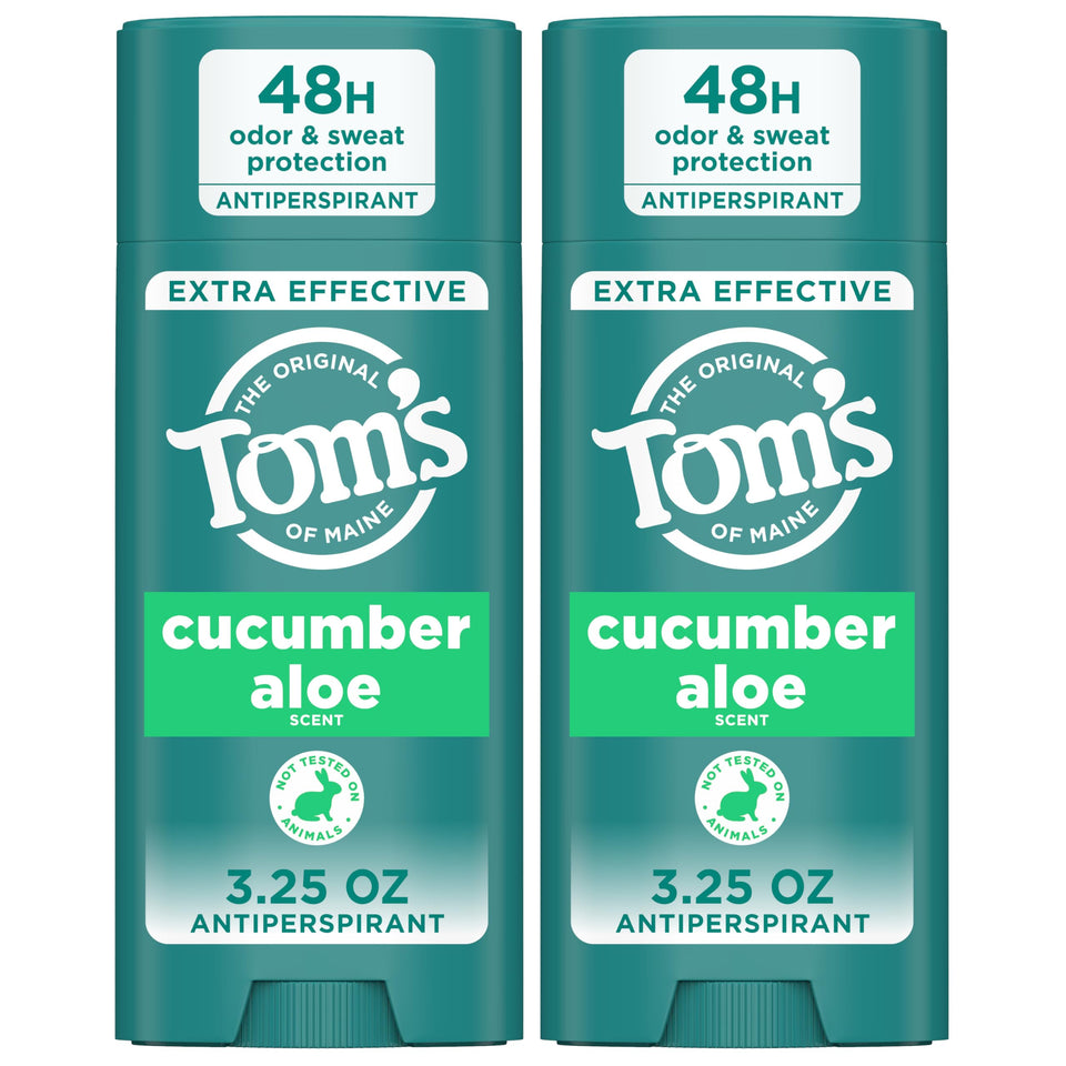 Tom's of Maine front packaging showing two cucumber aloe antiperspirant sticks and benefits