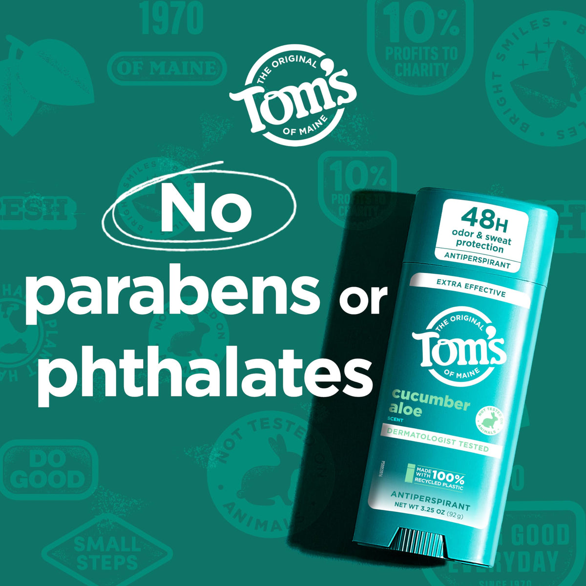 Tom's of Maine recycled plastic emblem on container highlighting sustainable packaging benefit