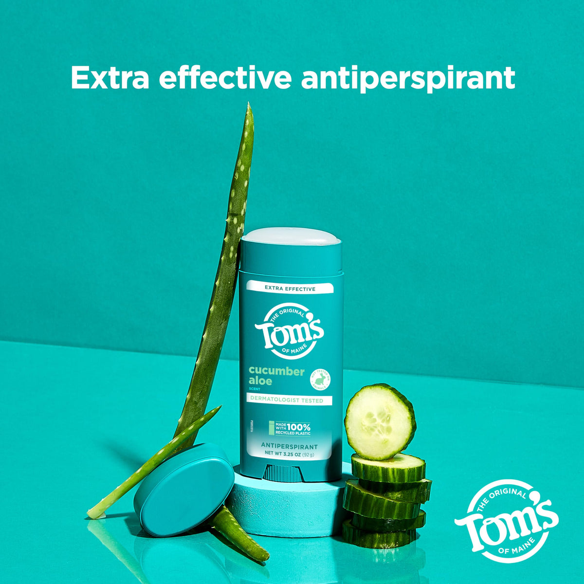 Tom's of Maine antiperspirant stick open close-up showing smooth glide and quick application