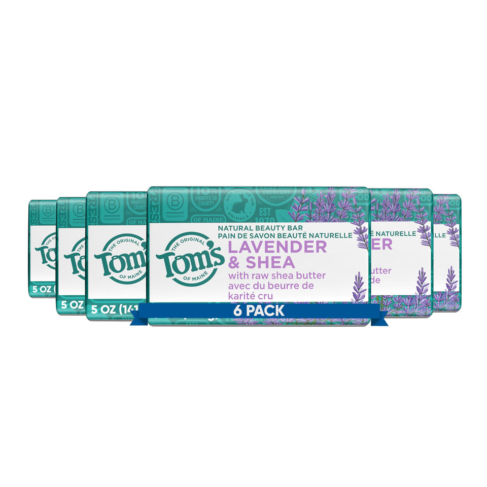 Tom's of Maine front packaging showing Lavender & Shea benefits and branding