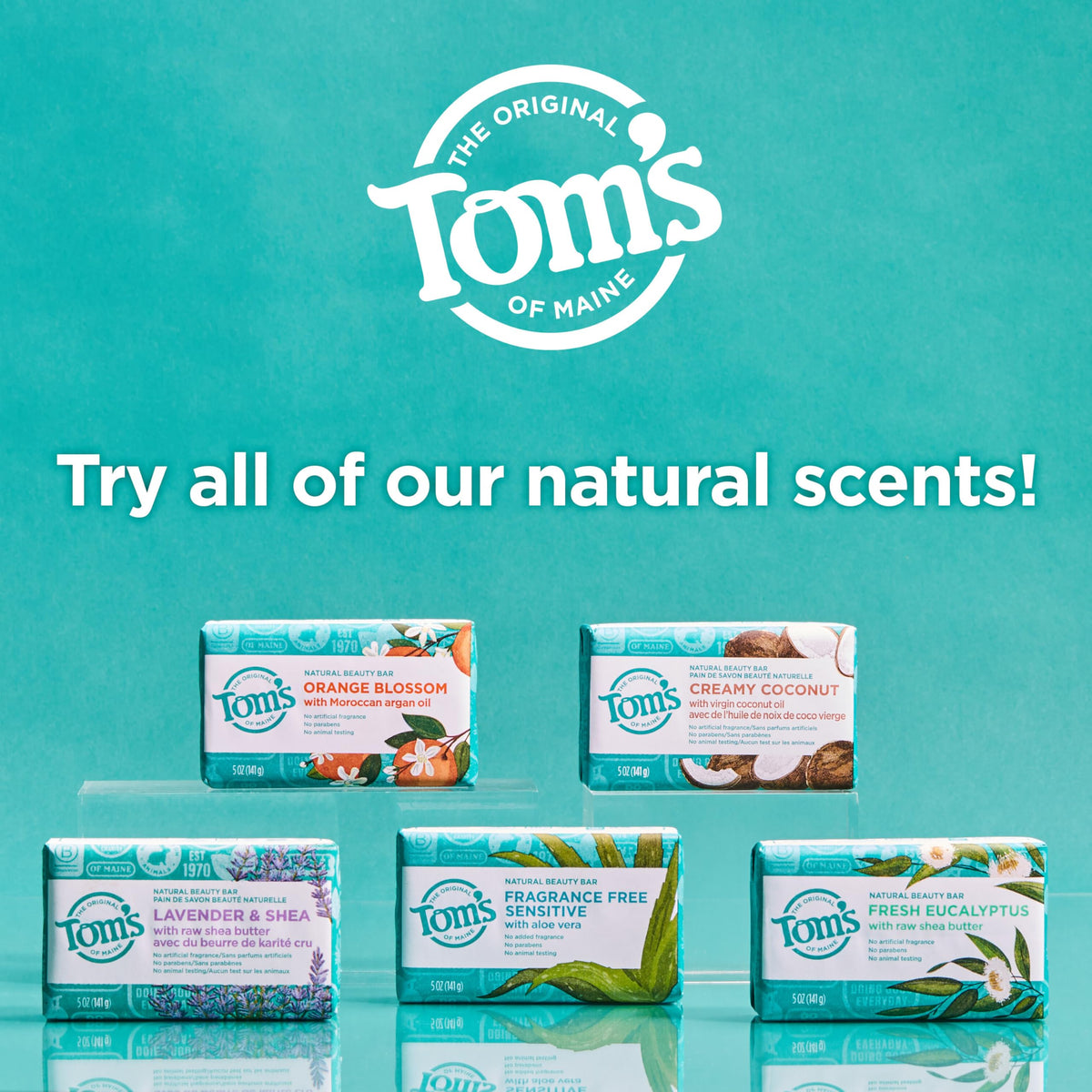 Tom's of Maine bar placed on bathroom shelf illustrating shelf-ready aesthetic and usability