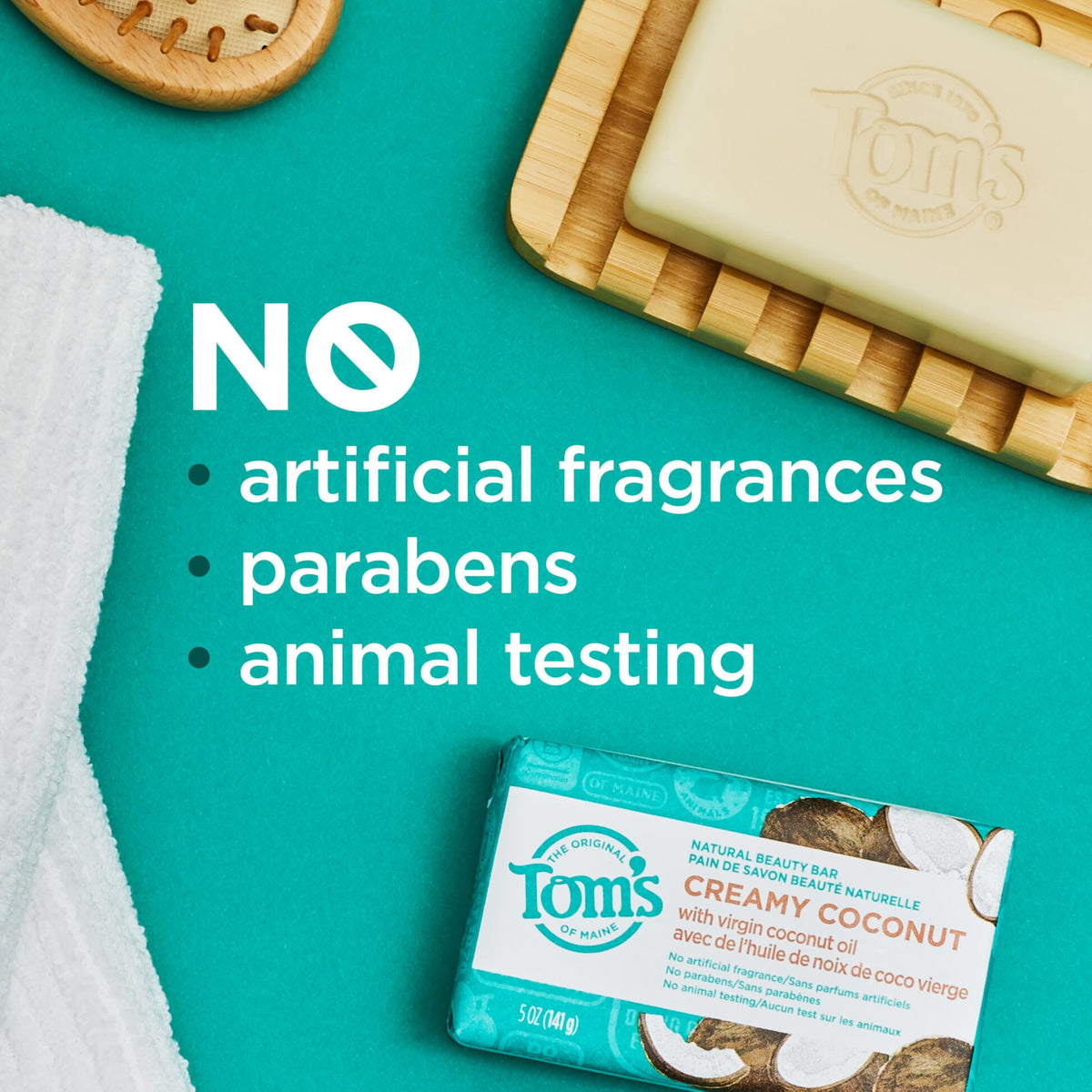Tom's of Maine bars staged in a bathroom showing natural scent and style