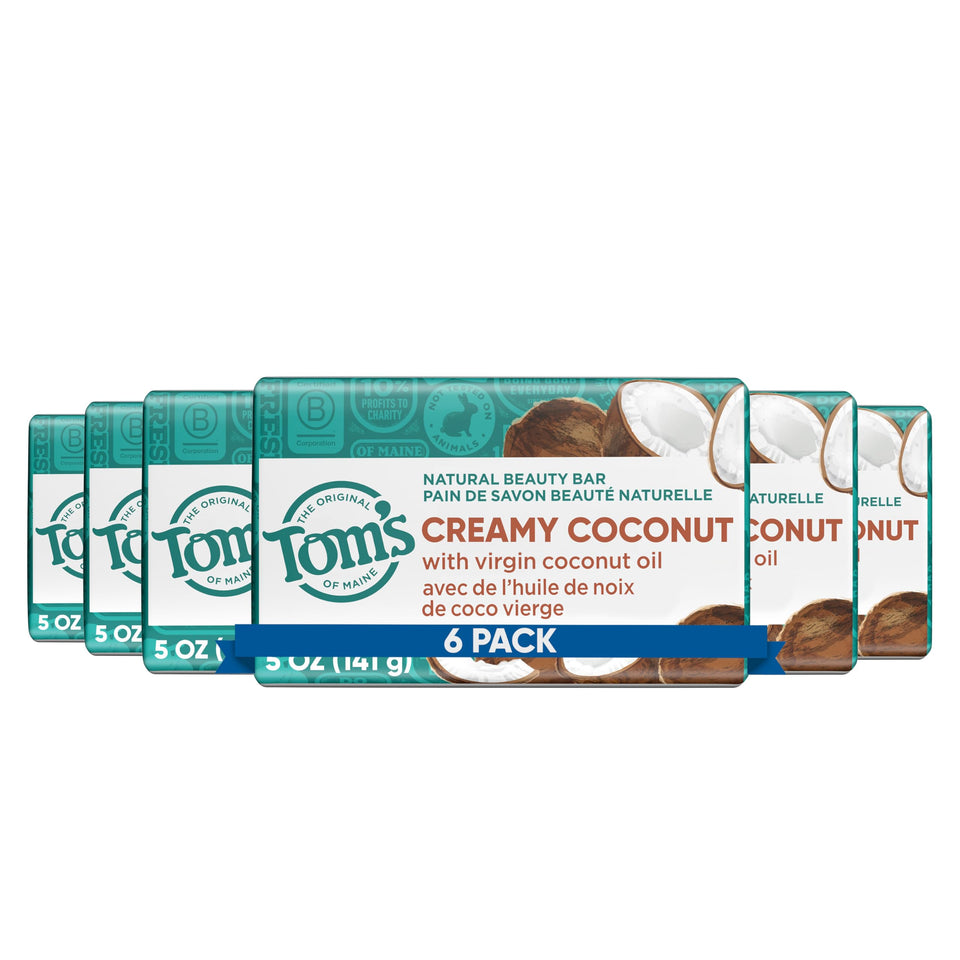 Tom's of Maine front packaging showing cream coconut bars and brand benefits