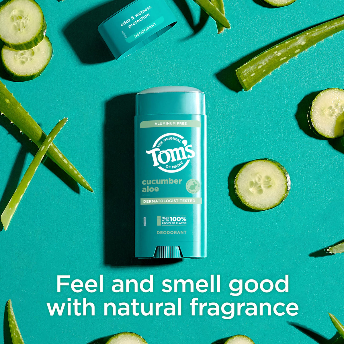 Tom's of Maine ingredients and recycled plastic icon emphasizing sustainability and cruelty-free