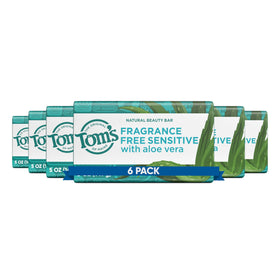 Tom's of Maine front packaging showing the six-bar pack and sustainable messaging