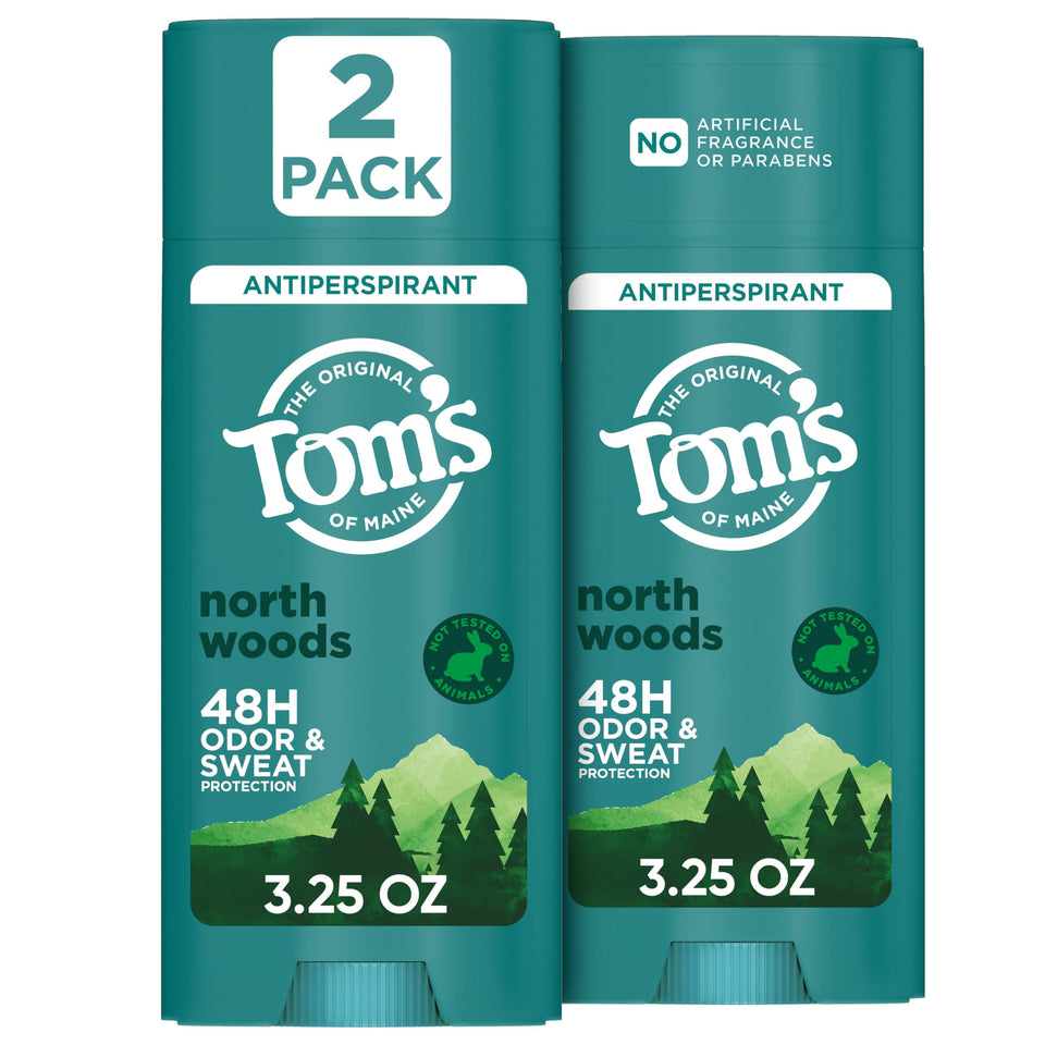 Tom's of Maine front packaging showing North Woods scent and two-pack benefit