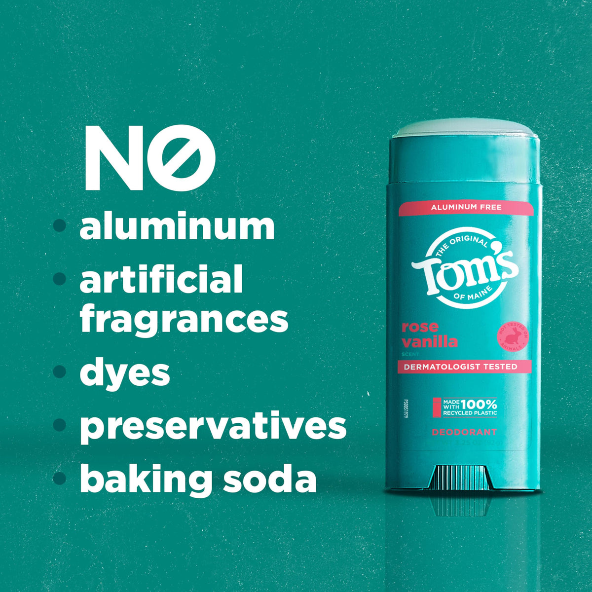 Tom's of Maine 3.25 oz deodorant held next to common objects to show scale