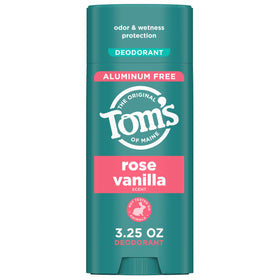 Tom's of Maine front packaging showing Rose Vanilla deodorant and branding benefits