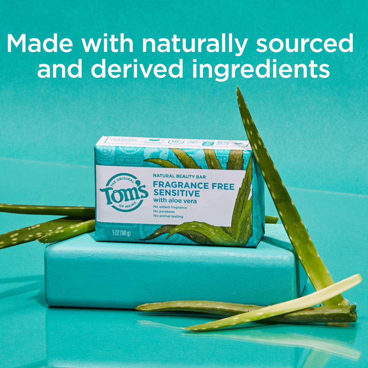 Tom's of Maine single bar close-up highlighting smooth surface and gentle formulation benefit