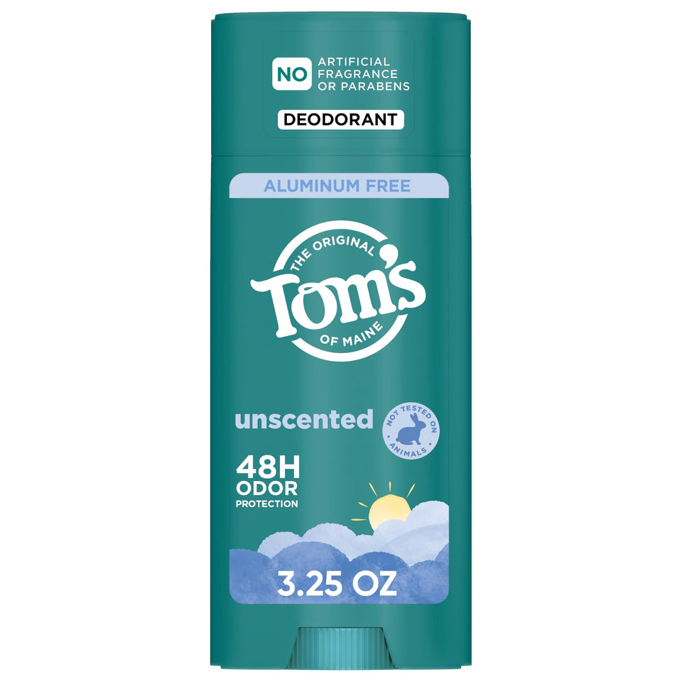 Tom's of Maine front view of unscented stick showing compact design and benefit of travel-ready freshness