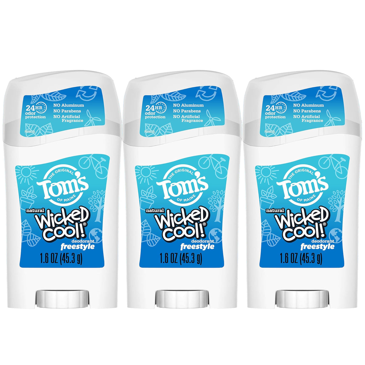 Tom's of Maine front packaging showing three-stick pack and benefits