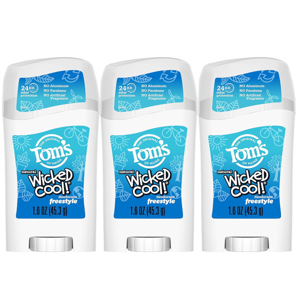 Tom's of Maine front packaging showing three-stick pack and benefits